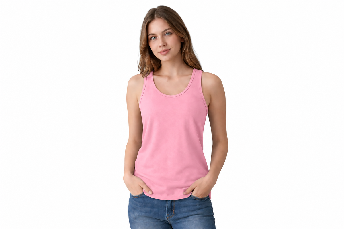 A woman modeling a light pink sleeveless tank top with blue jeans, standing against a plain white background.
