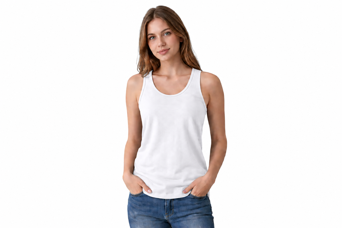 A woman modeling a plain white sleeveless tank top with blue jeans, standing against a solid white background.