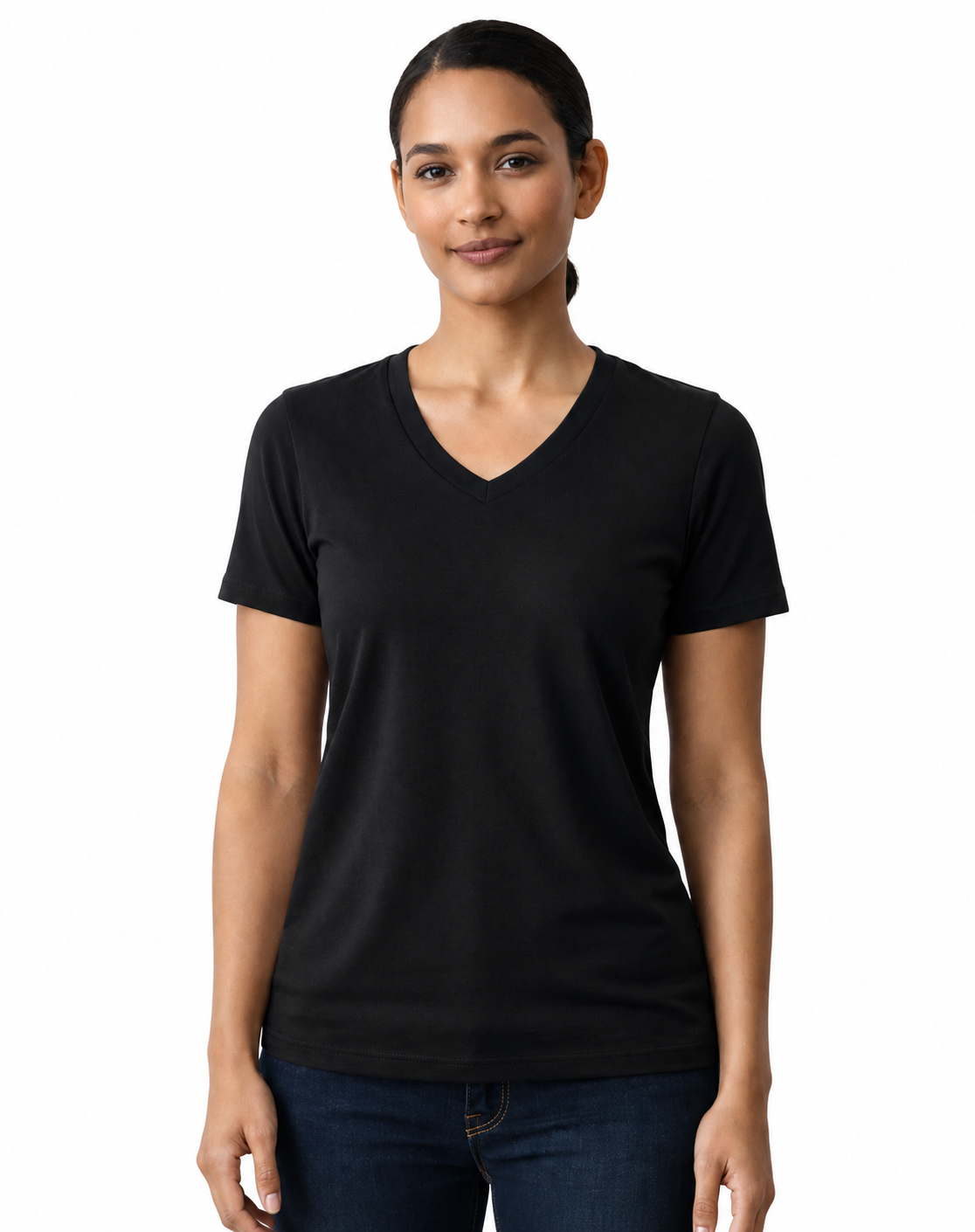 A woman modeling a plain black short-sleeve V-neck t-shirt against a clean white background.
