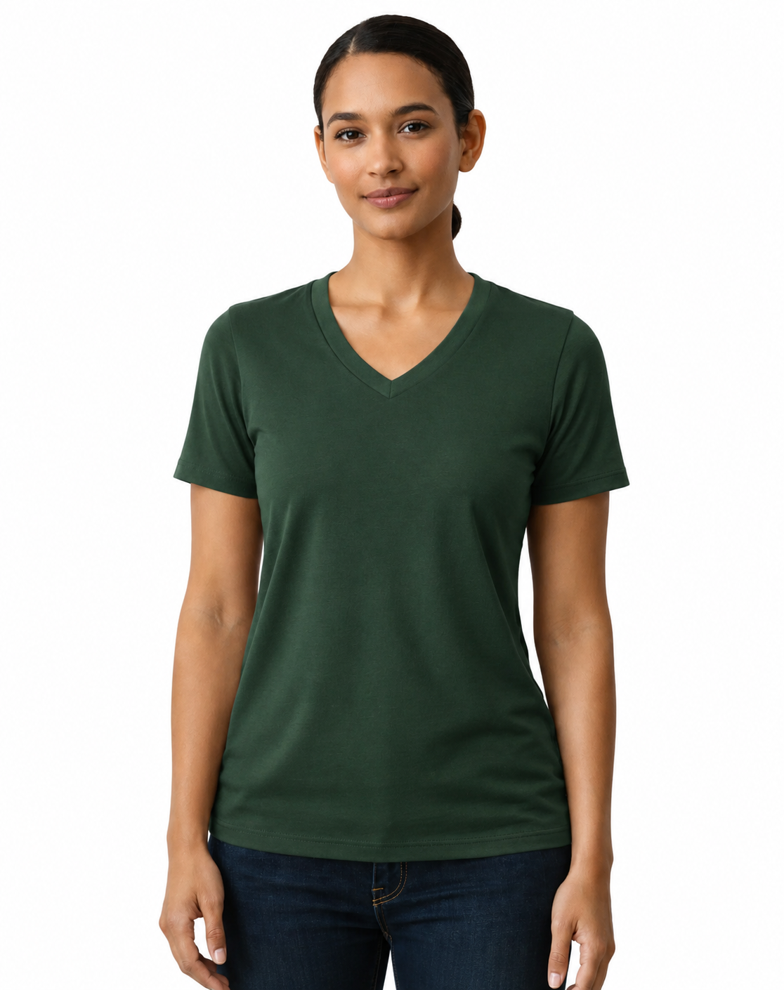 A woman modeling a dark green short-sleeve V-neck t-shirt against a plain white background.