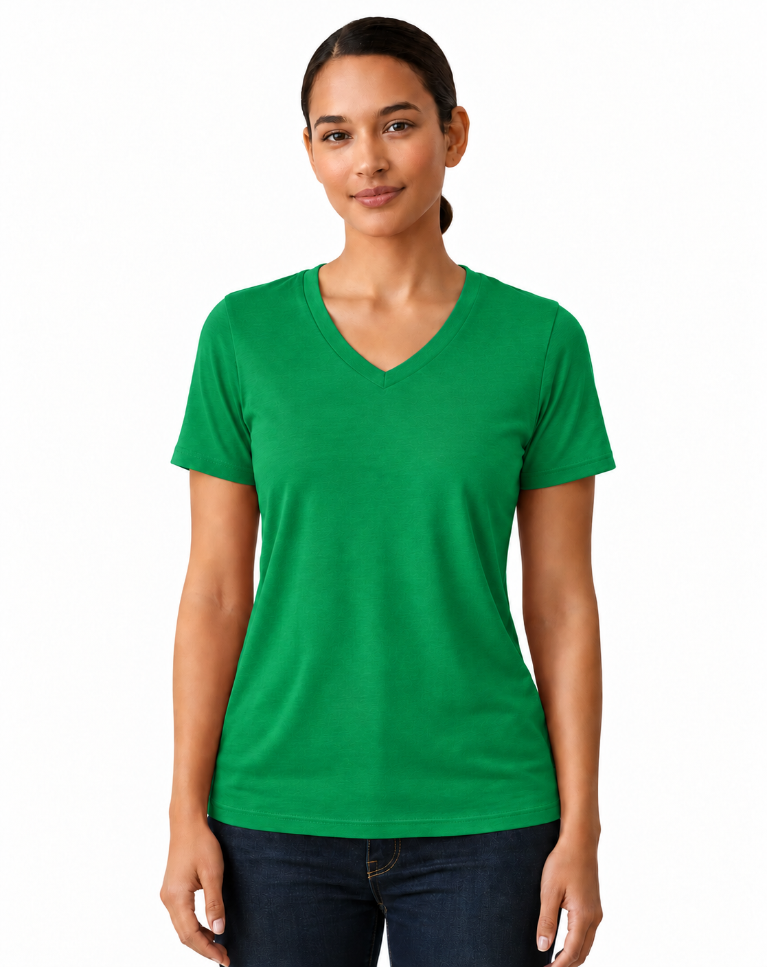 A woman modeling a bright green short-sleeve V-neck t-shirt against a plain white background.