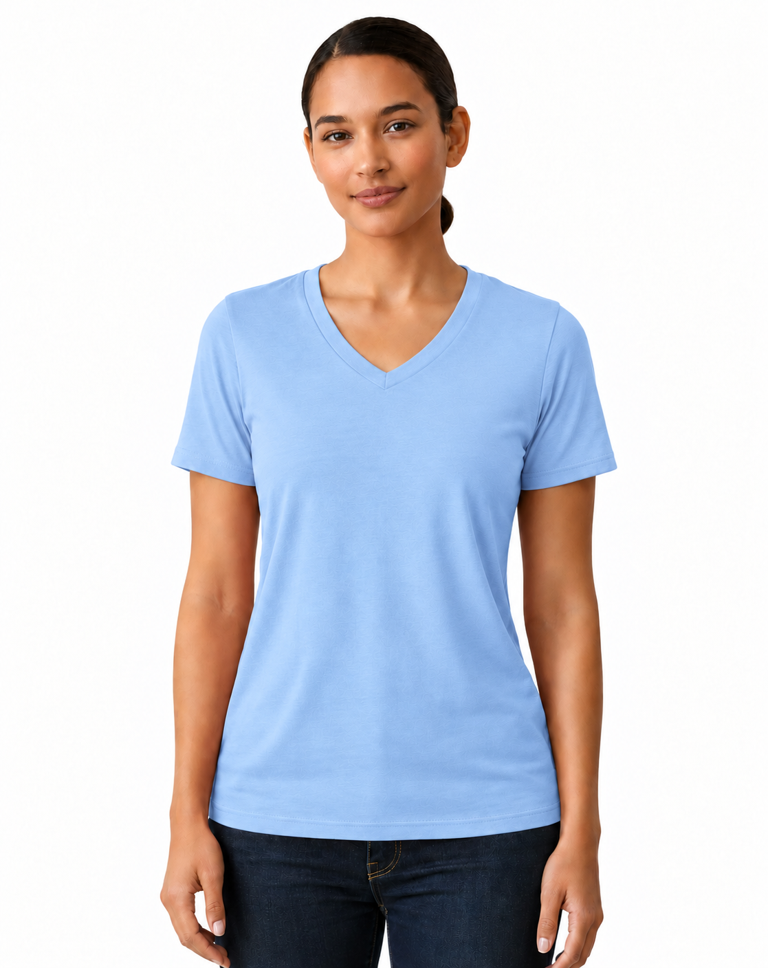 A woman modeling a light blue short-sleeve V-neck t-shirt against a plain white background.