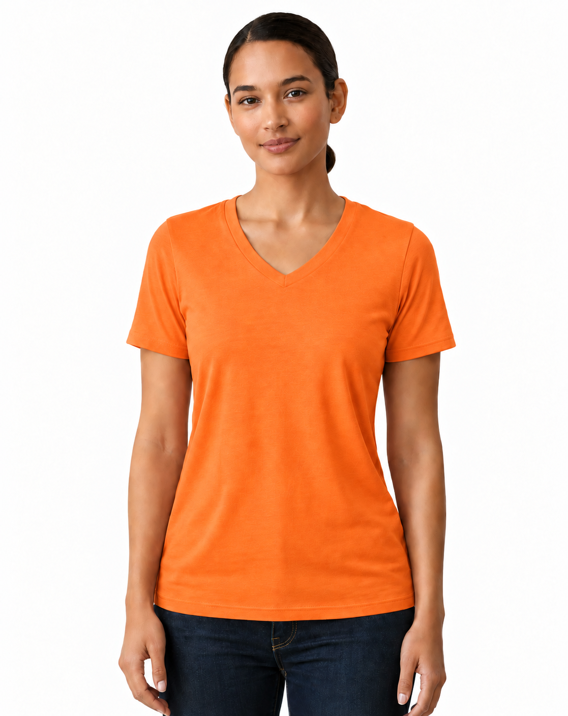 A woman modeling a bright orange short-sleeve V-neck t-shirt against a plain white background.