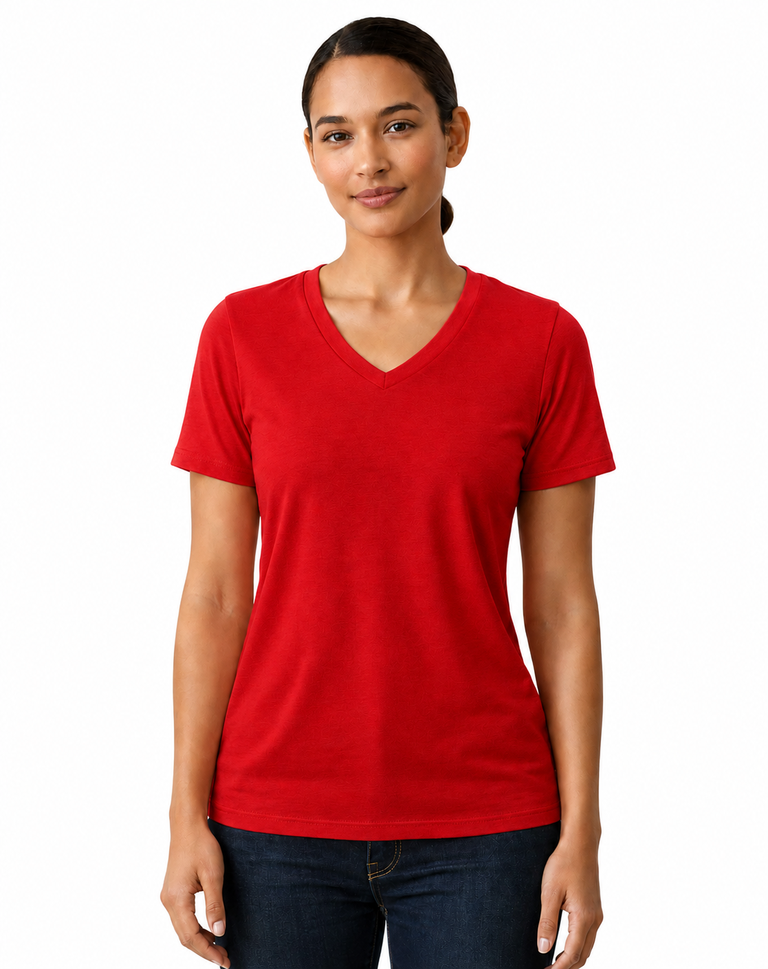 A woman modeling a bright red short-sleeve V-neck t-shirt against a plain white background.