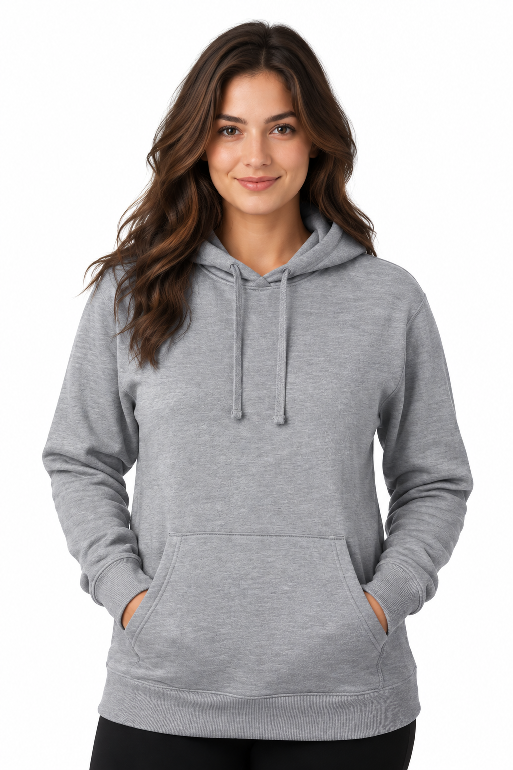 A woman wearing a light gray heather pullover hoodie with drawstrings and a front kangaroo pocket, standing against a plain white background.