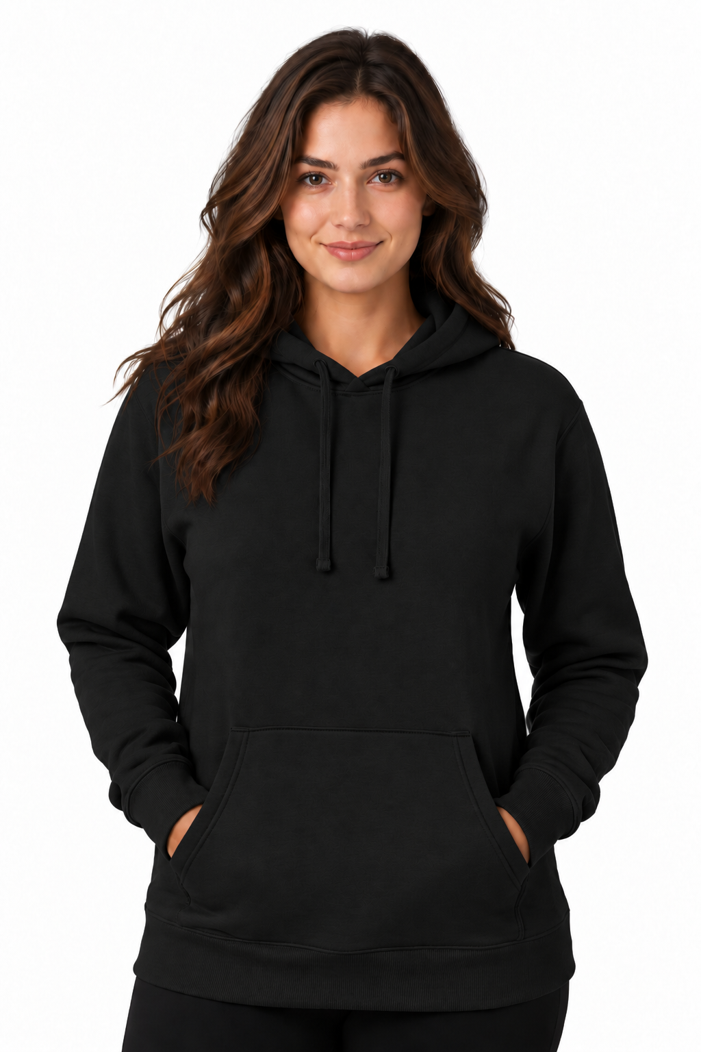 A woman with long brown hair wearing a black pullover hoodie with drawstrings and a front kangaroo pocket, standing against a plain white background.