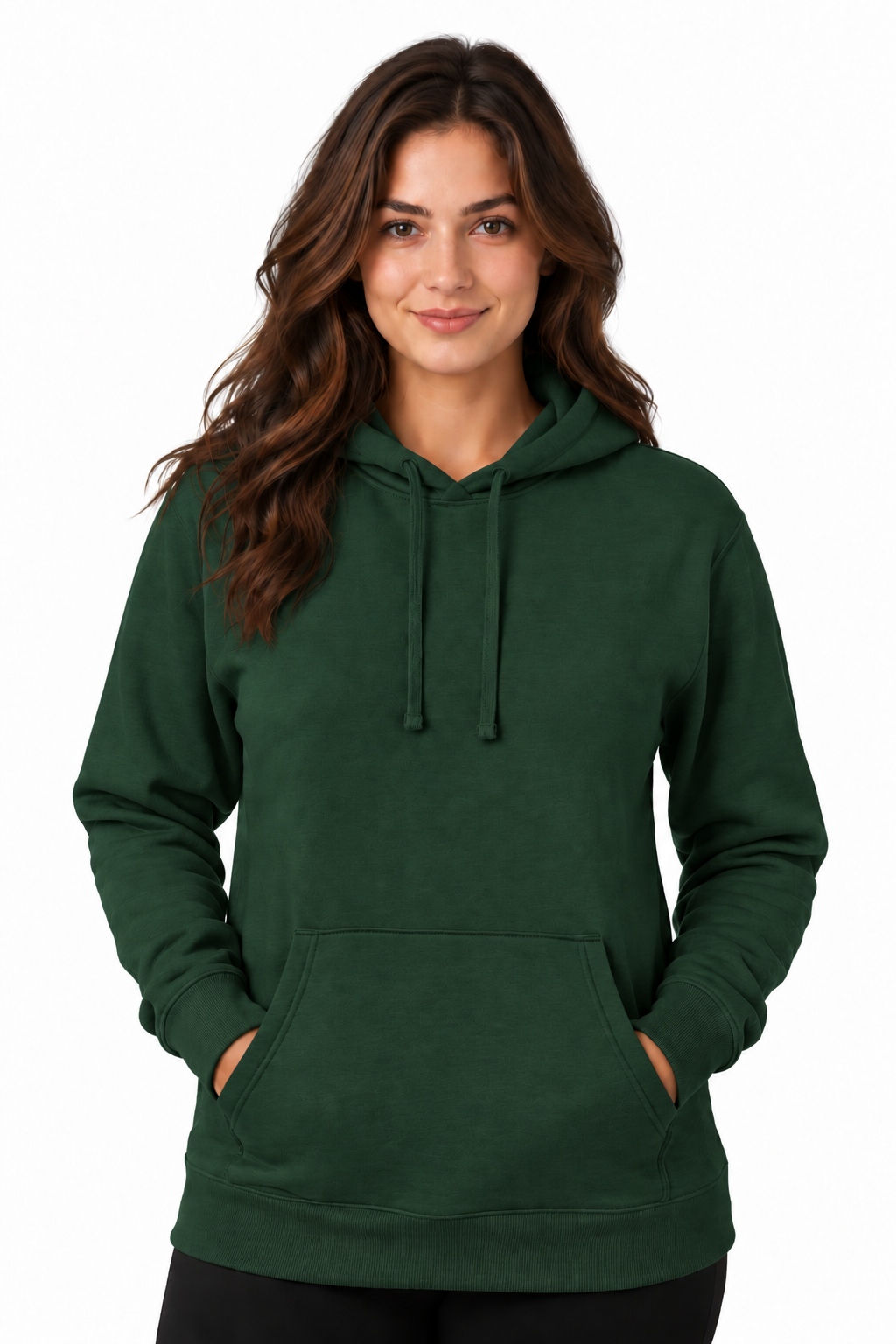 A woman with long brown hair wearing a dark forest green pullover hoodie with drawstrings and a front kangaroo pocket, standing against a plain white background.
