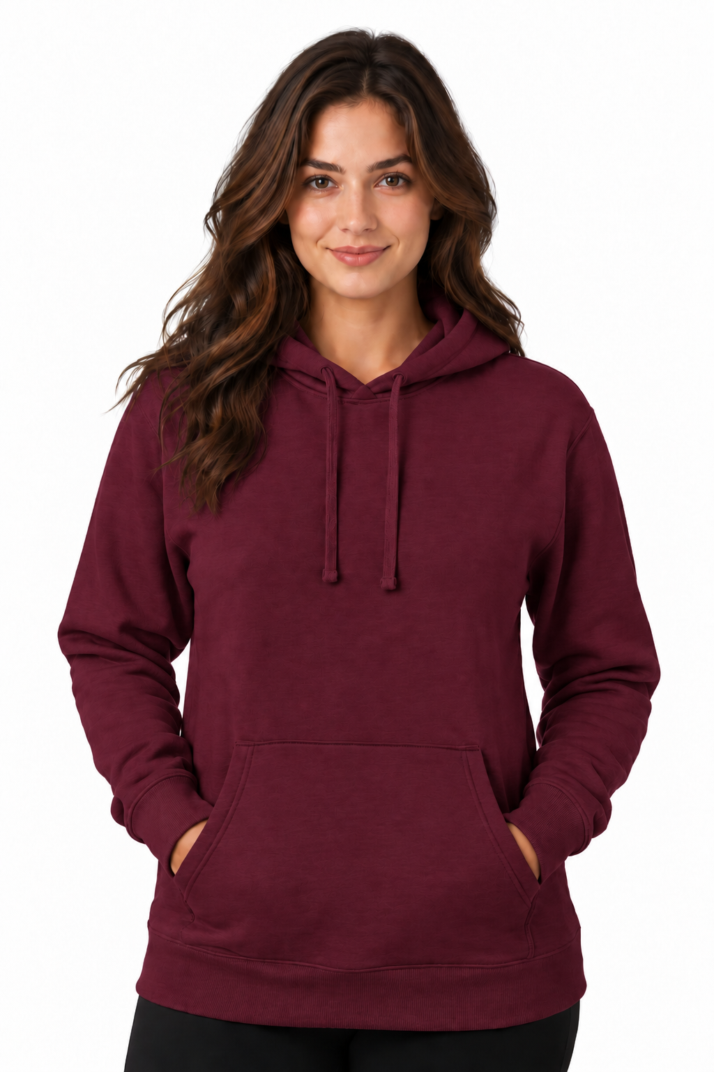 A woman wearing a maroon pullover hoodie with drawstrings and a front kangaroo pocket, standing against a plain white background.