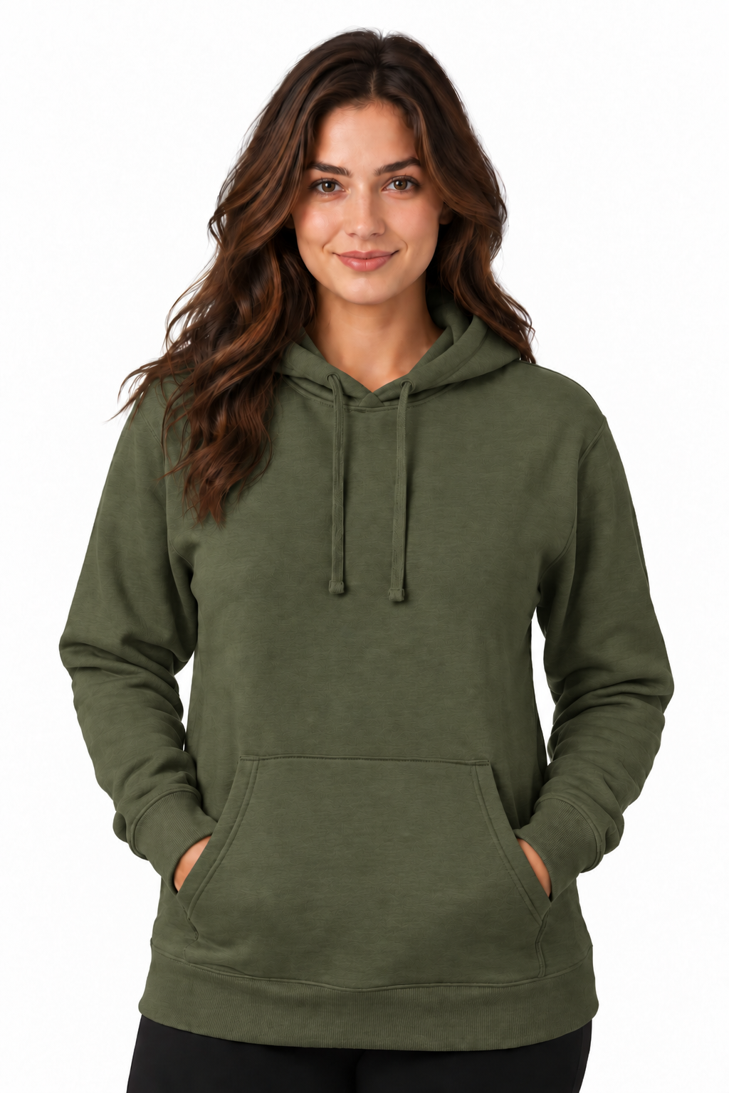 A woman with long brown hair wearing an olive green pullover hoodie with drawstrings and a front kangaroo pocket, standing against a plain white background.