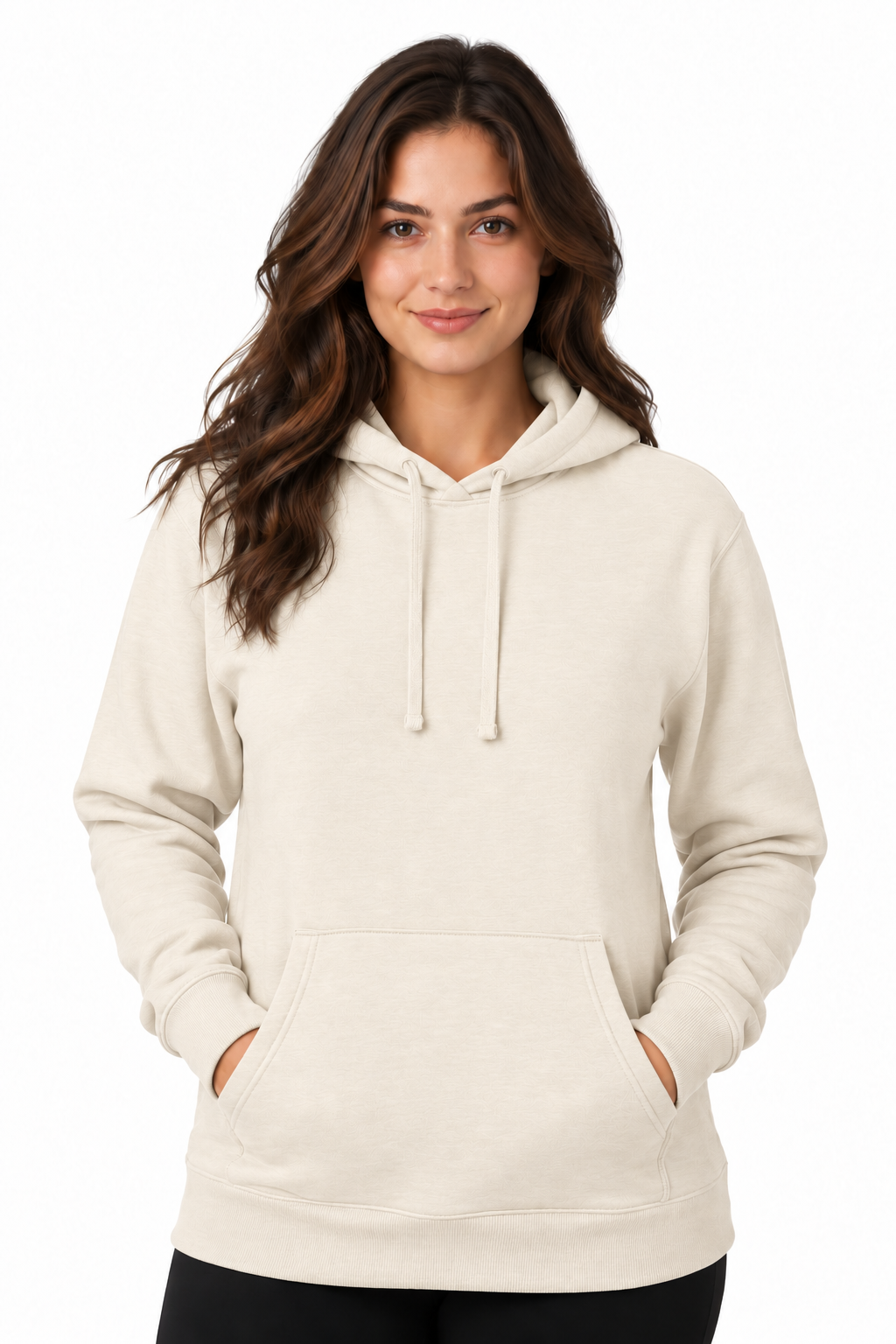 A woman with long brown hair wearing a light cream-colored pullover hoodie with drawstrings and a front kangaroo pocket, standing against a plain white background.
