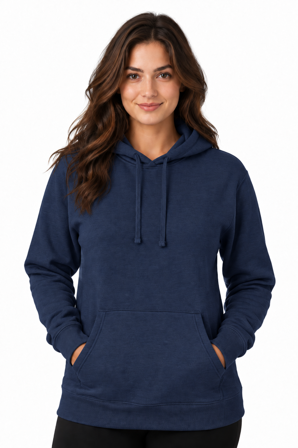 A woman wearing a navy blue pullover hoodie with a drawstring hood and front kangaroo pocket, standing against a plain white background.