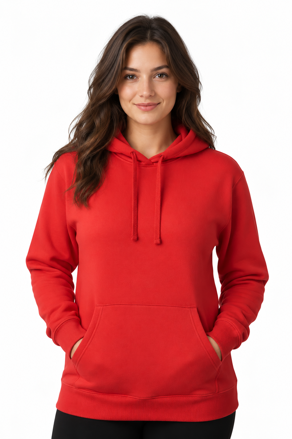 A woman with long brown hair wearing a bright red pullover hoodie with a front kangaroo pocket, shown against a plain white background.