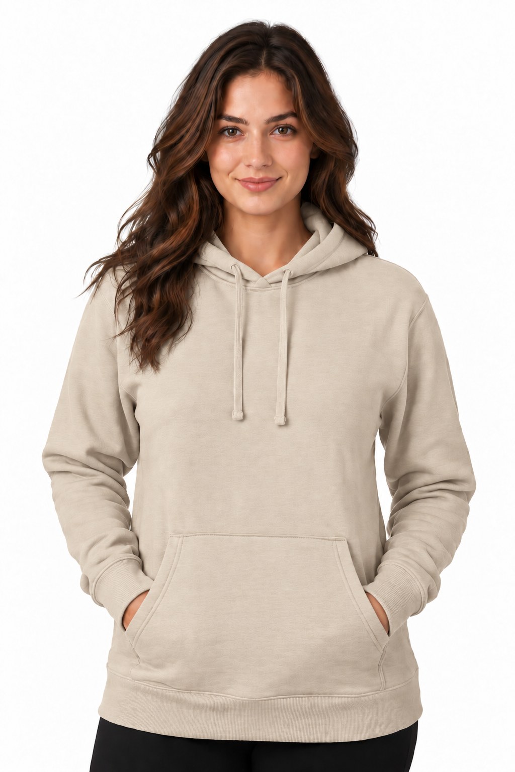 A woman with long brown hair wearing a light beige pullover hoodie with drawstrings and a front kangaroo pocket, standing against a plain white background.