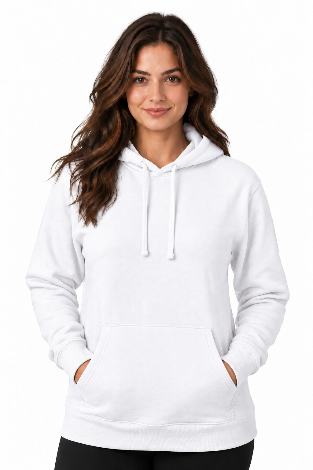 A woman with long brown hair wearing a plain white pullover hoodie with drawstrings and a front kangaroo pocket, standing against a light gray studio background.