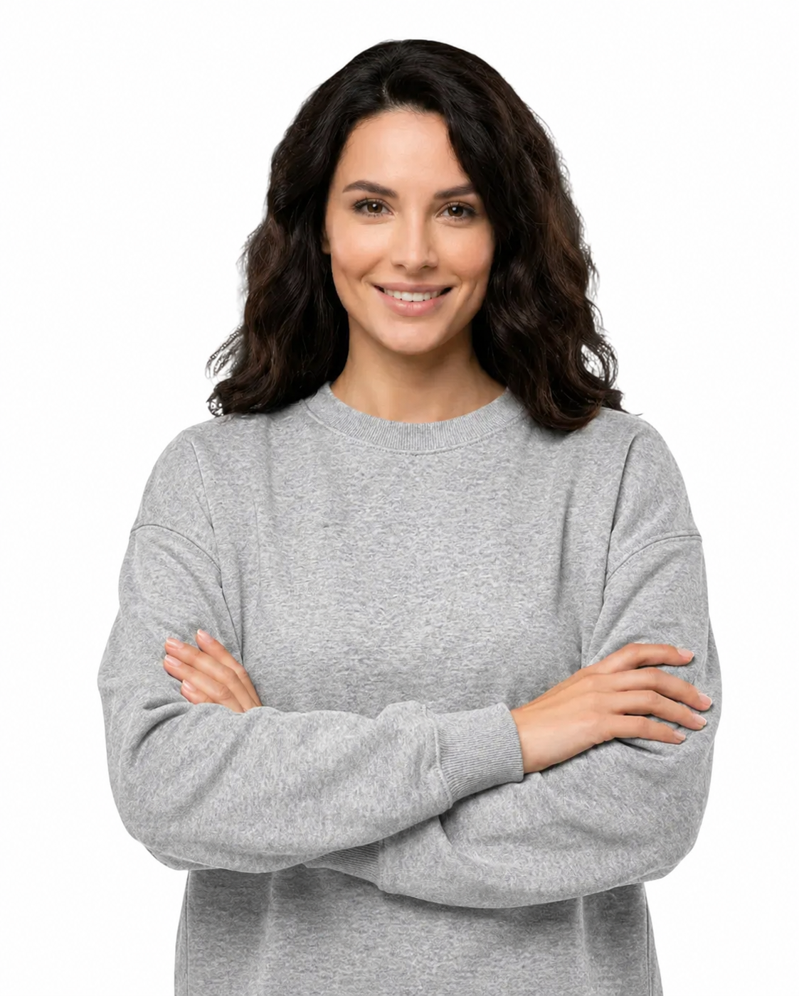 Woman wearing a gray sweater on a white background