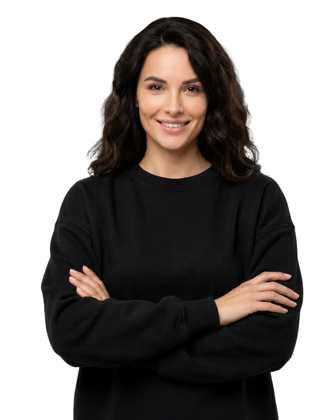 Woman wearing a black sweater against a black background