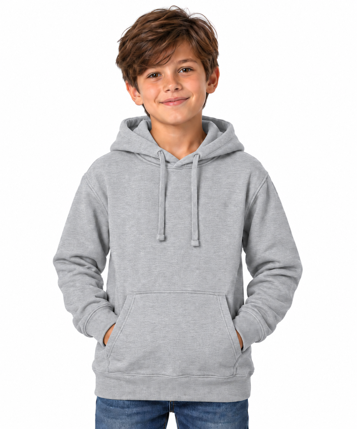 A young boy with brown hair wearing a light gray heather pullover hoodie and blue jeans, standing against a solid white background.