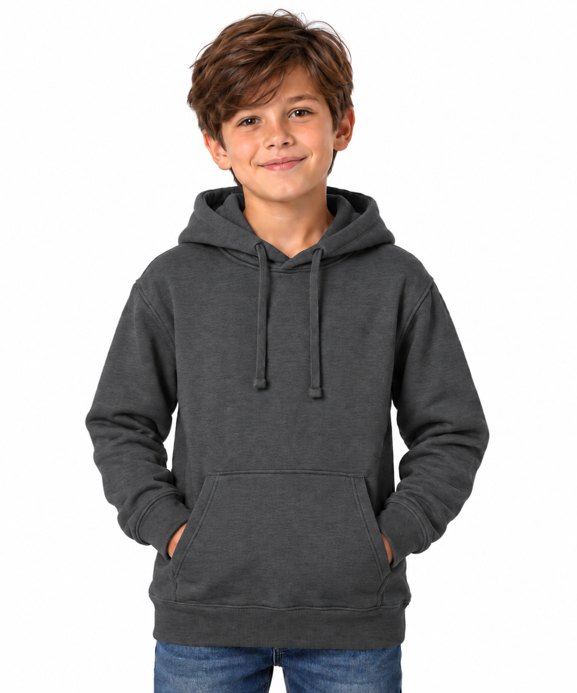 A young boy with brown hair wearing a dark gray heathered pullover hoodie with drawstrings and a front kangaroo pocket, paired with blue jeans, standing against a solid white background.