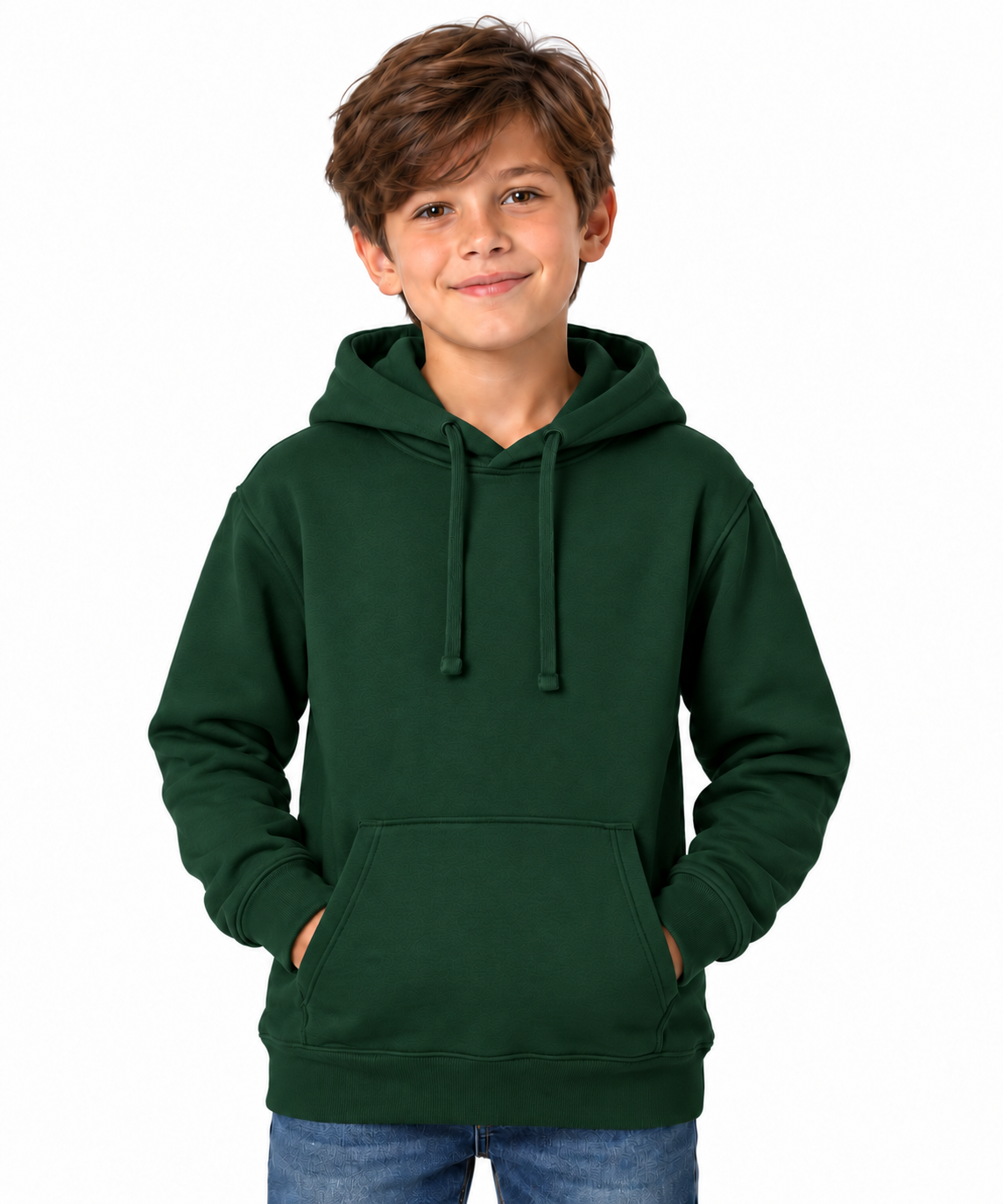 A young boy with brown hair wearing a navy blue pullover hoodie with drawstrings and a front kangaroo pocket, paired with blue jeans, standing against a solid white background.