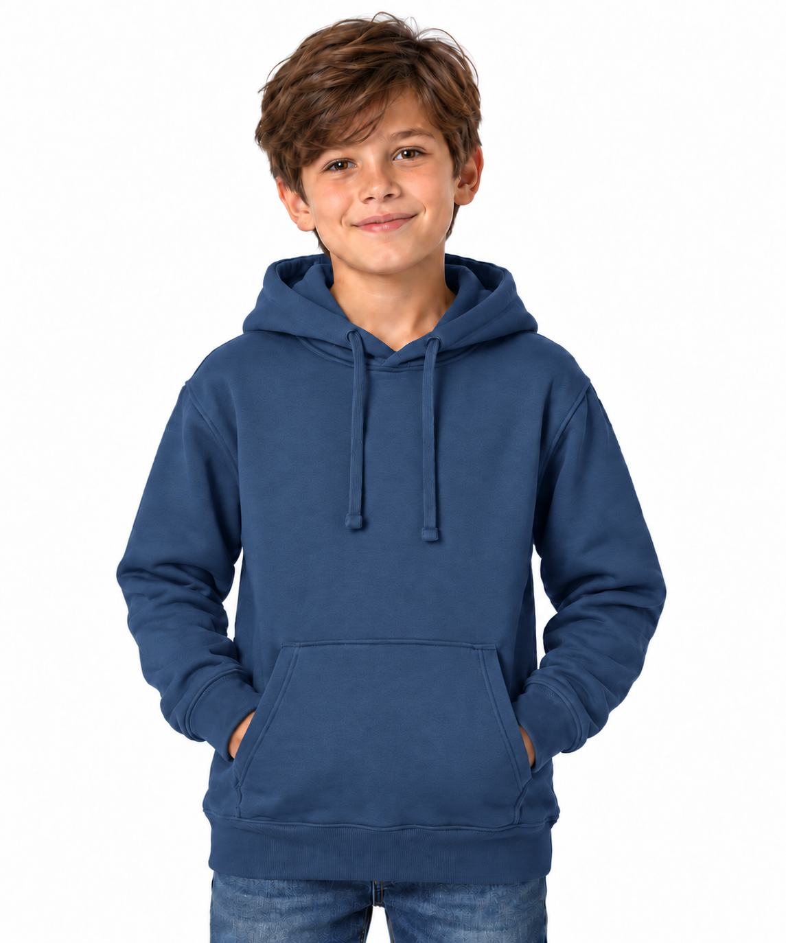 A young boy with brown hair wearing a navy blue pullover hoodie with drawstrings and a front kangaroo pocket, paired with blue jeans, standing against a solid white background.
