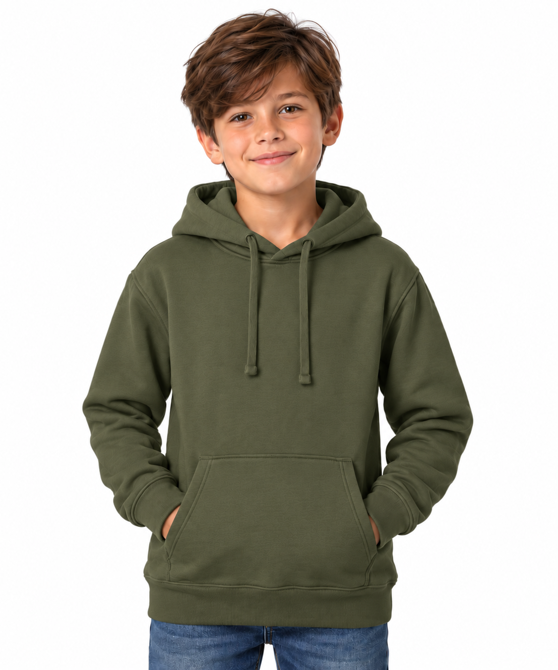 A young boy with brown hair wearing an olive green pullover hoodie with drawstrings and a front kangaroo pocket, paired with blue jeans, standing against a plain white background.