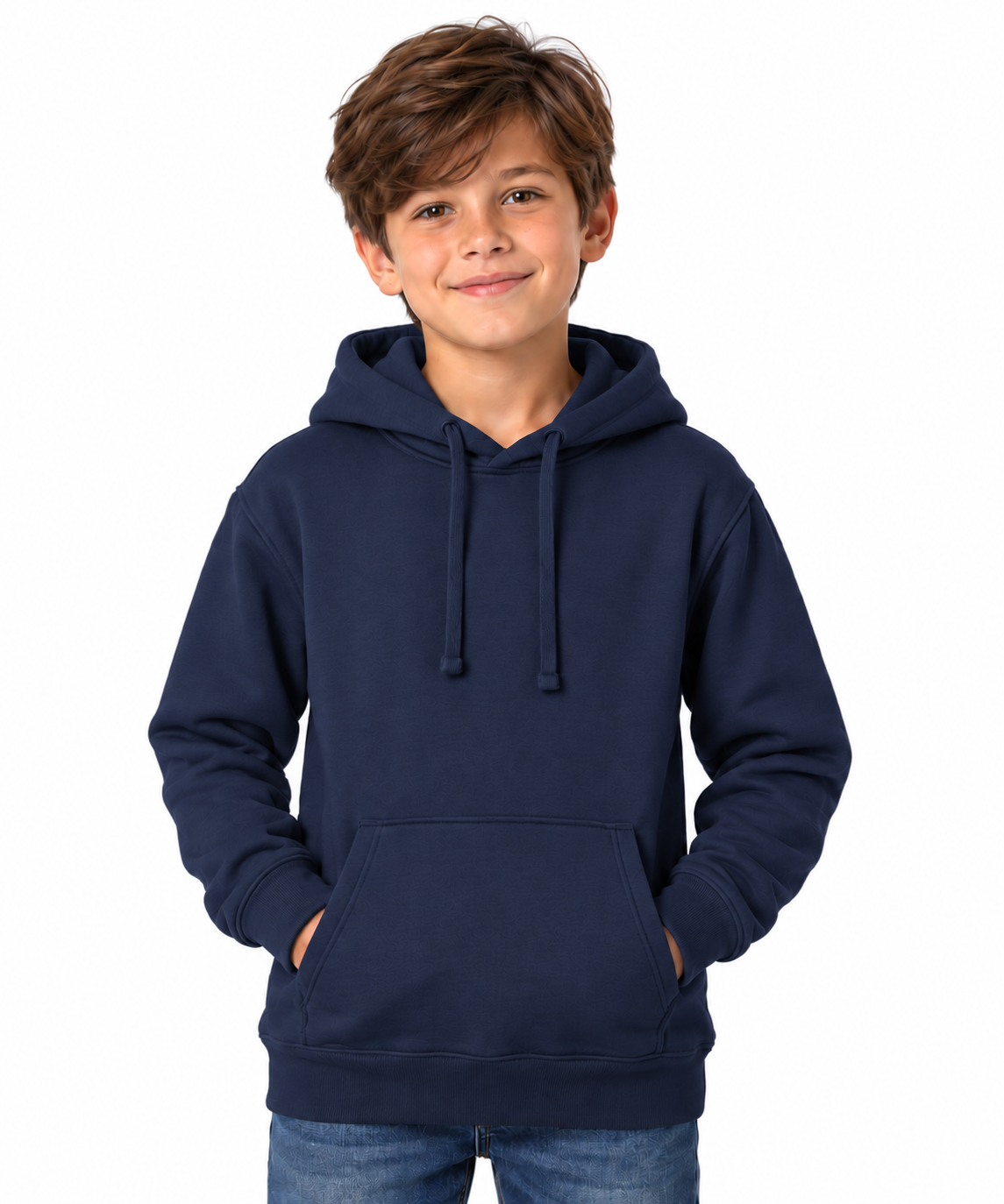 A young boy with brown hair wearing a navy blue pullover hoodie with drawstrings and a front kangaroo pocket, paired with blue jeans, standing against a solid white background.