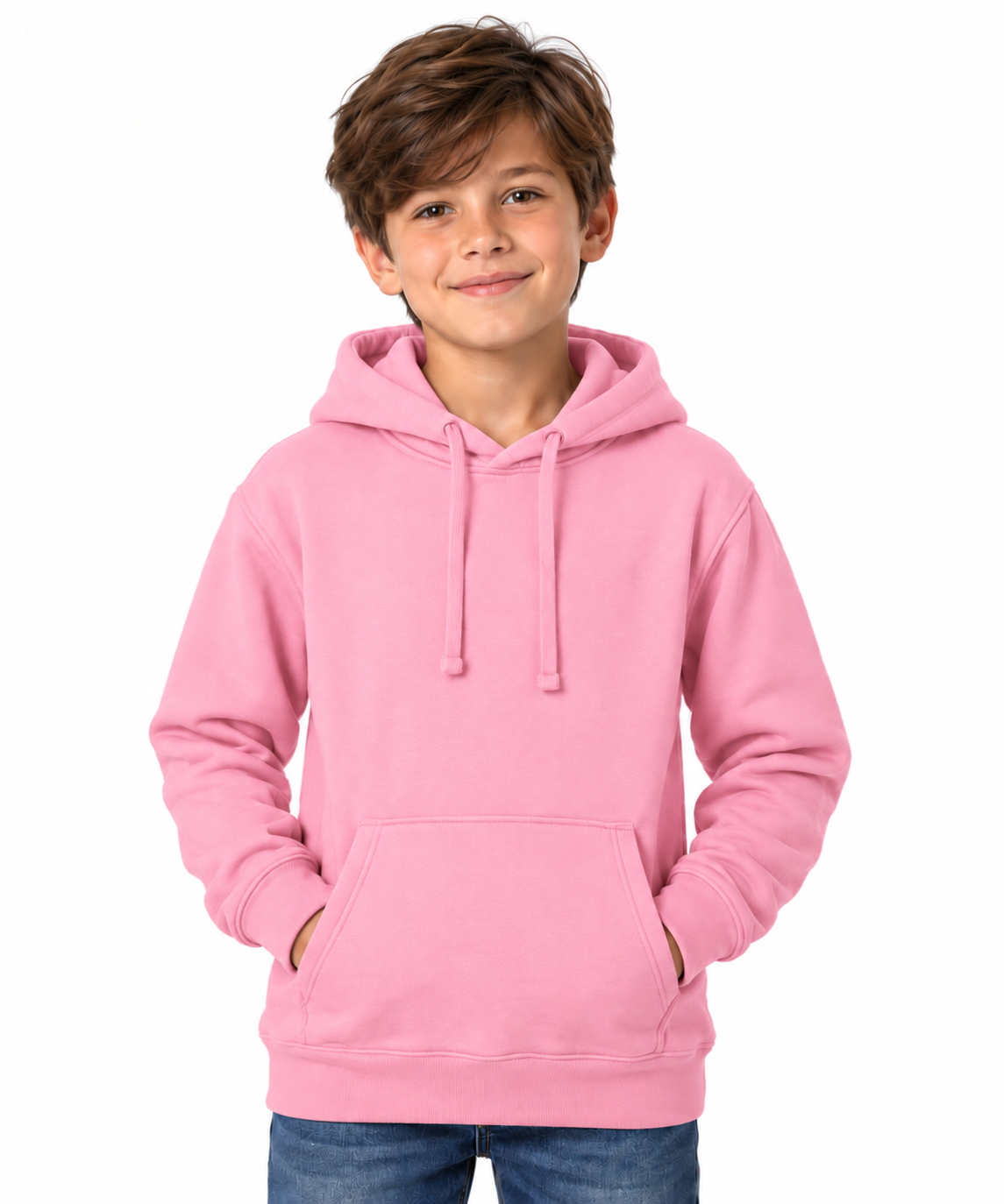 A young boy with brown hair wearing a light pink pullover hoodie with drawstrings and a front kangaroo pocket, paired with blue jeans, standing against a solid white background.