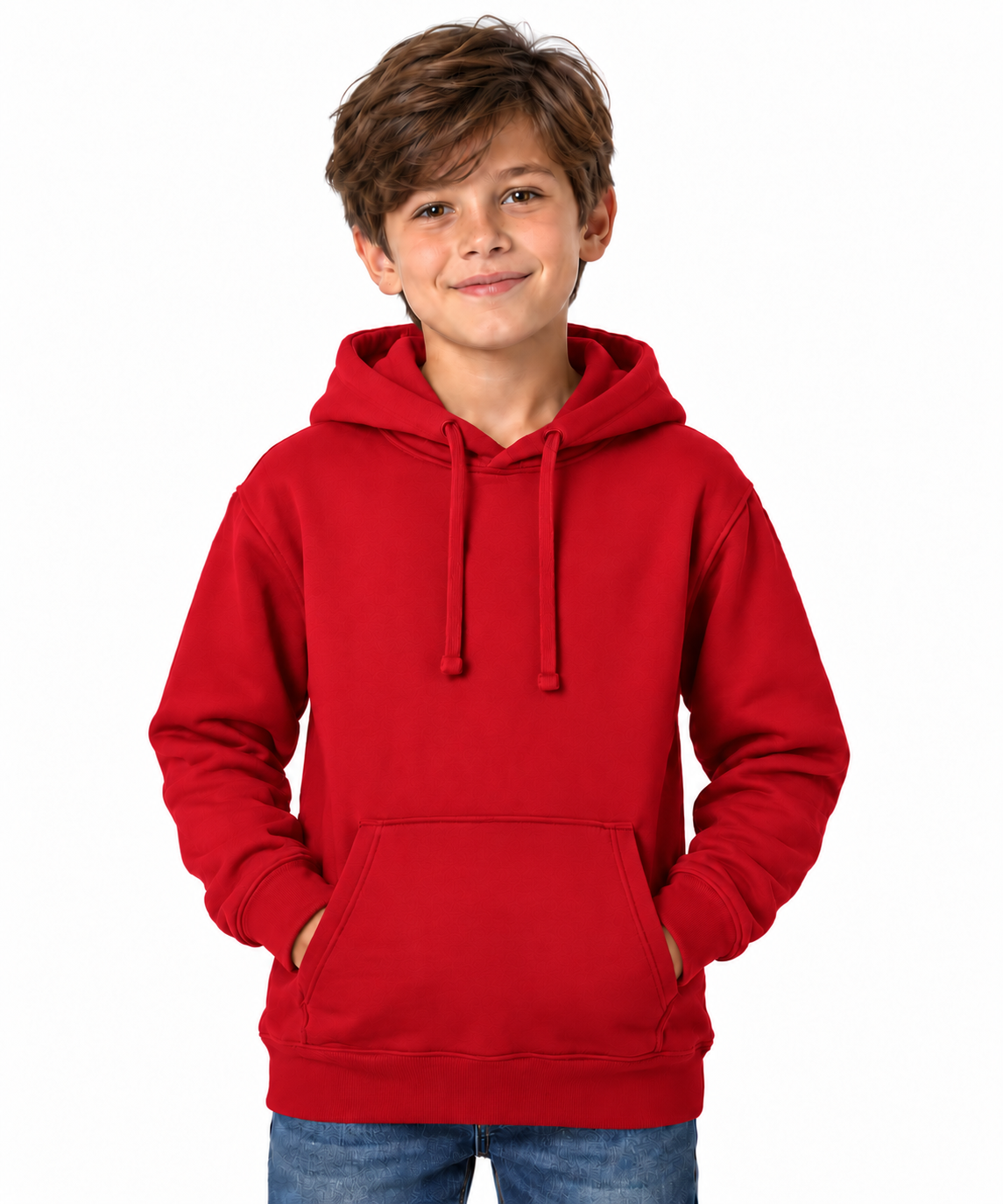 A young boy with brown hair smiling, wearing a bright red pullover hoodie with drawstrings and a front kangaroo pocket, paired with blue jeans, against a plain white background.