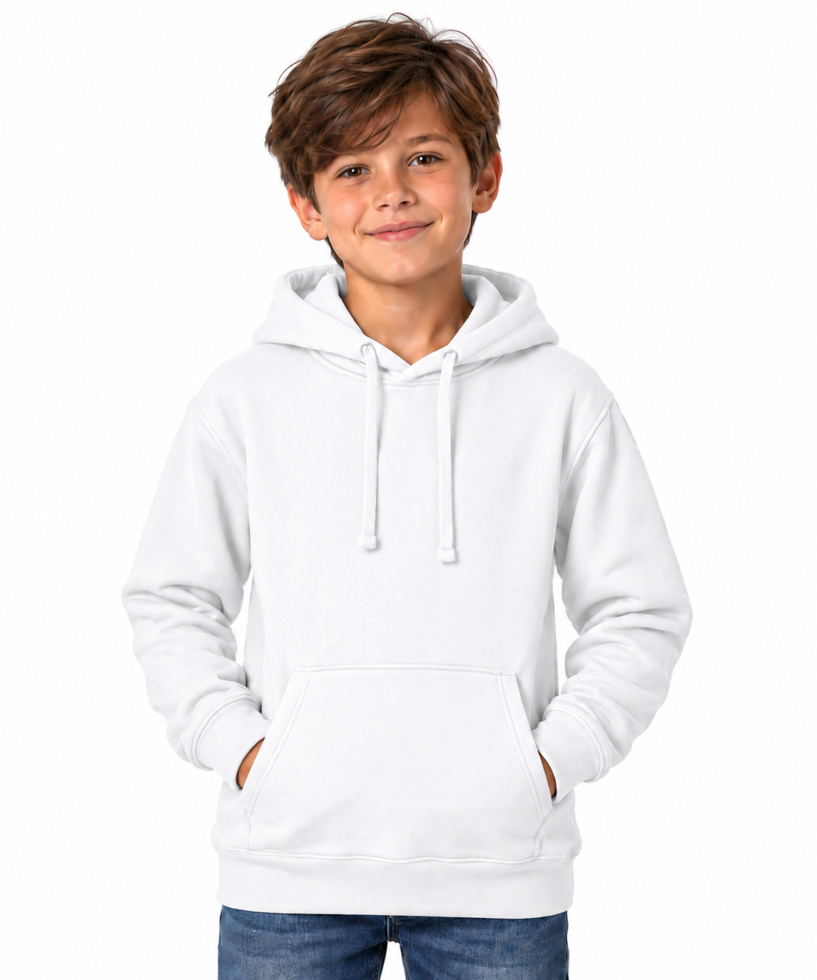 A young boy with brown hair wearing a white pullover hoodie with drawstrings and a front kangaroo pocket, paired with blue jeans, standing against a solid white background.