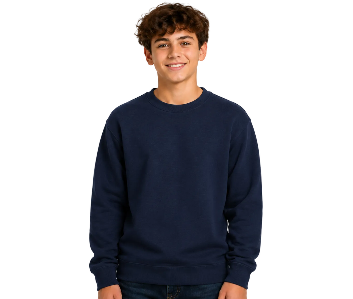 A young man with curly brown hair wearing a navy blue crewneck sweatshirt, standing against a solid white background.