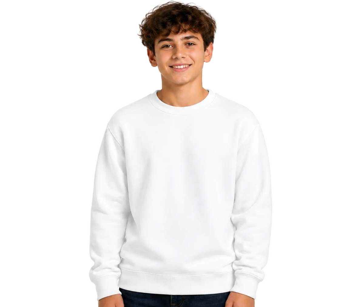 A young man wearing a plain white crewneck sweatshirt, standing against a solid white background.
