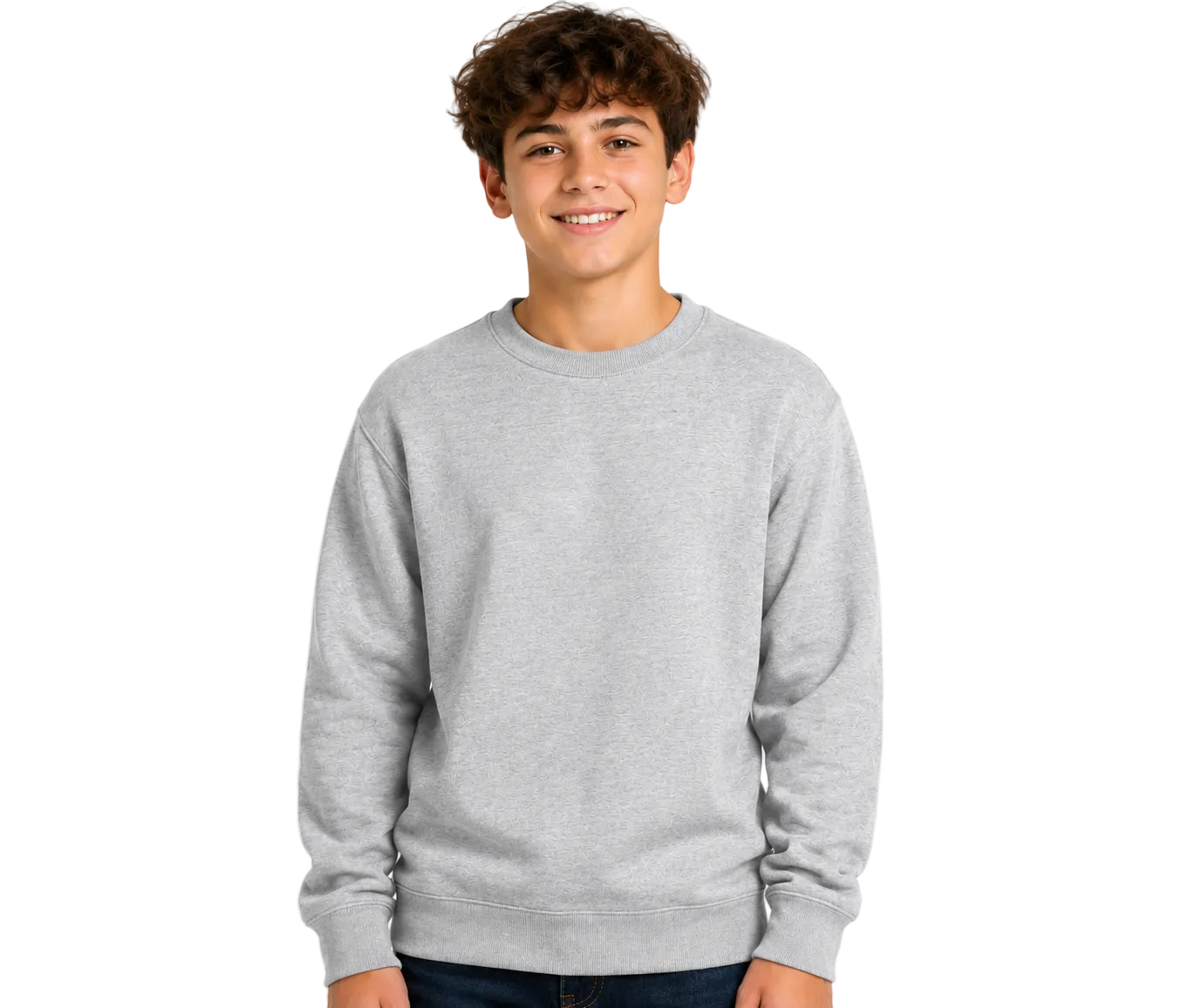 A young man wearing a light gray crewneck sweatshirt, standing against a solid white background.