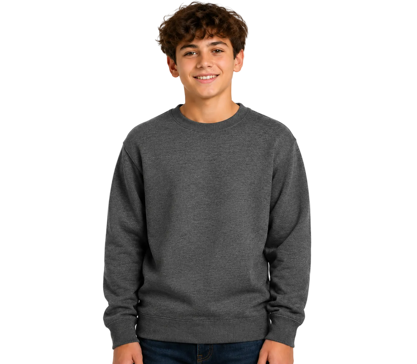 A smiling young man with curly brown hair wearing a dark heather gray crewneck sweatshirt and dark blue jeans, standing against a plain white background.