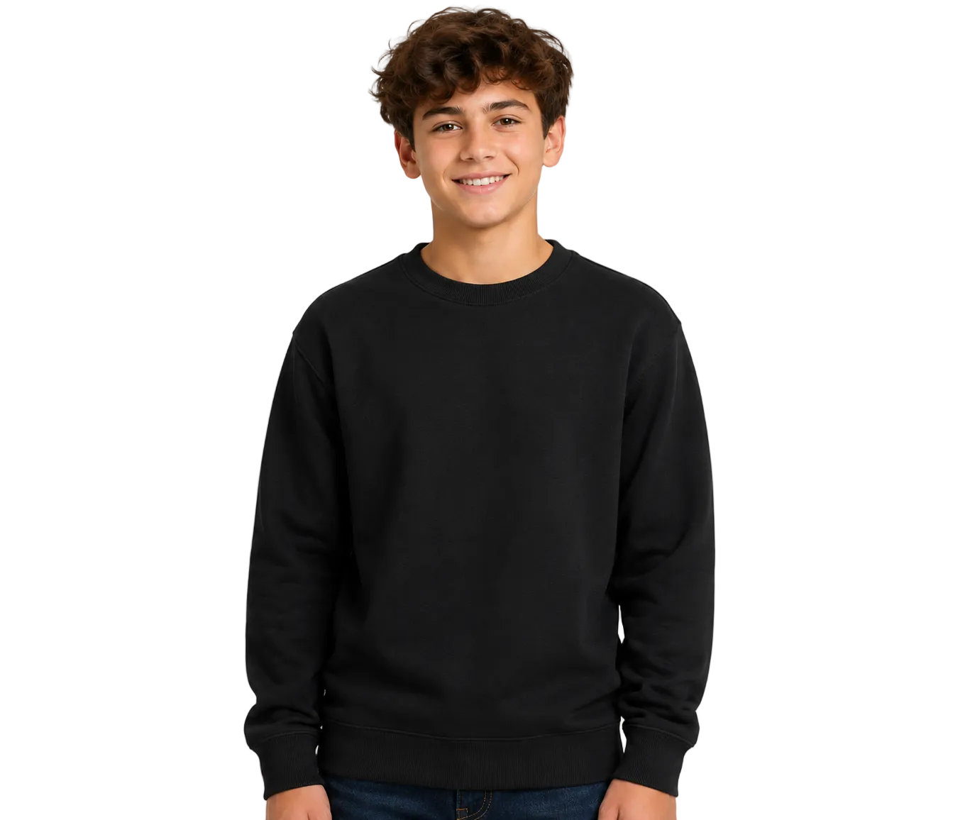 A young man with curly brown hair wearing a plain black crewneck sweatshirt and blue jeans, standing against a solid white background.