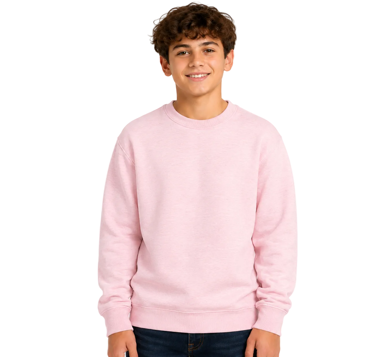 A young man with curly brown hair wearing a light pink crewneck sweatshirt and dark blue jeans, standing against a solid white background.