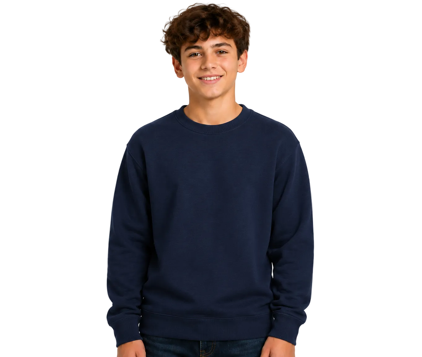 A young man with curly brown hair wearing a navy blue crewneck sweatshirt, standing against a solid white background.
