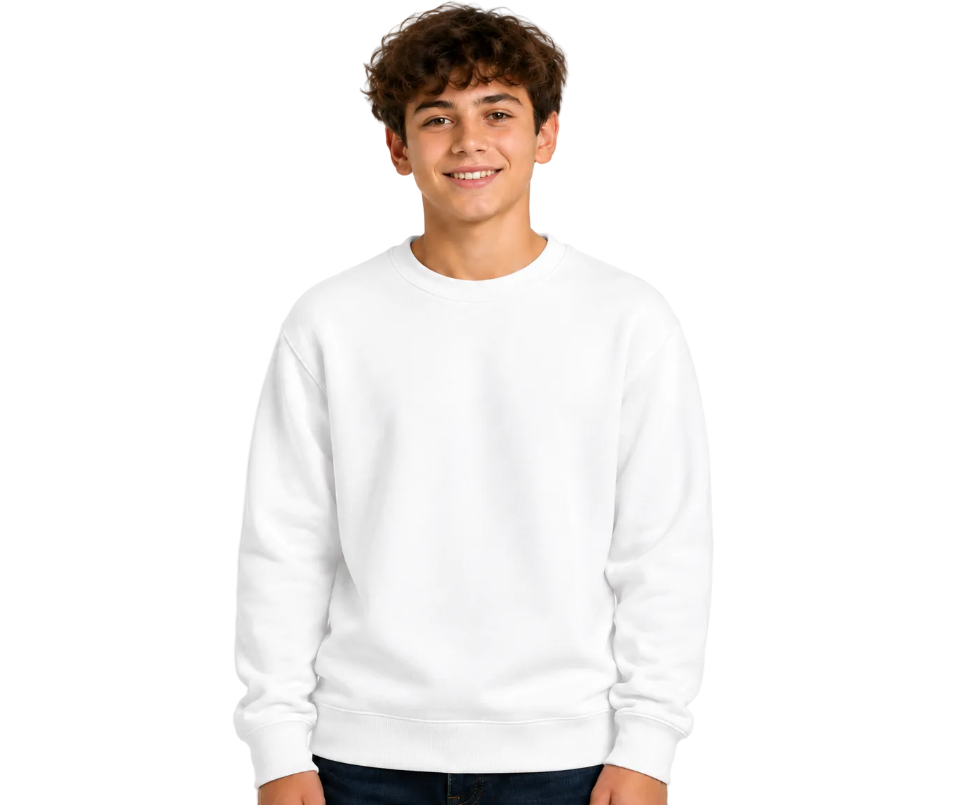 A young man wearing a plain white crewneck sweatshirt, standing against a solid white background.