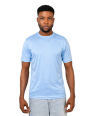 Man wearing a light blue t-shirt against a plain background