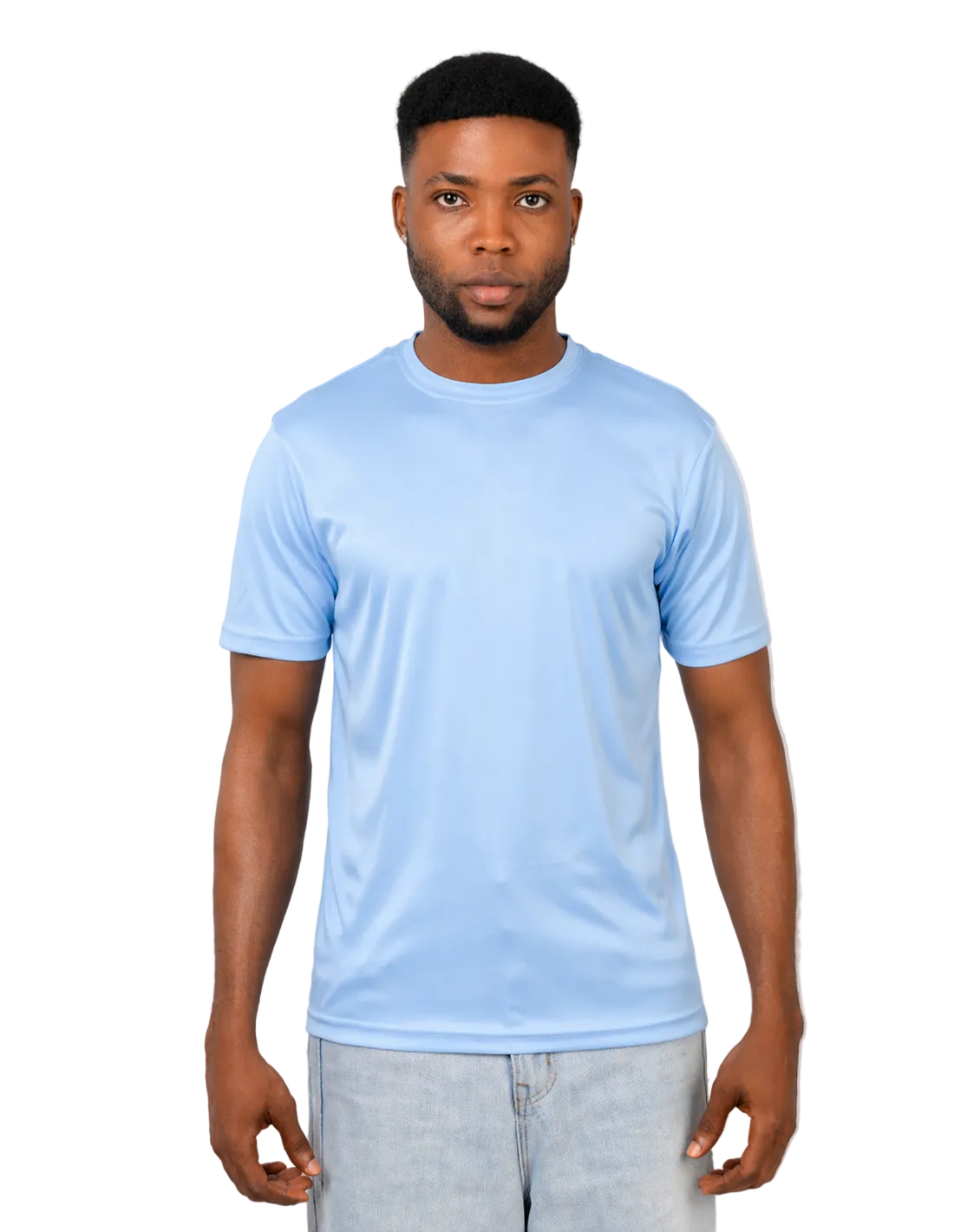 Man wearing a light blue t-shirt against a plain background