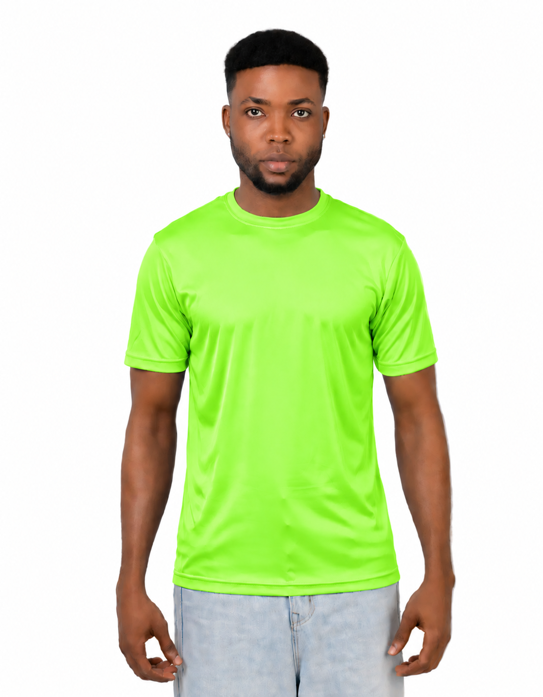 A man wearing a bright neon green short-sleeve crewneck t-shirt and light wash jeans, standing against a solid white background.