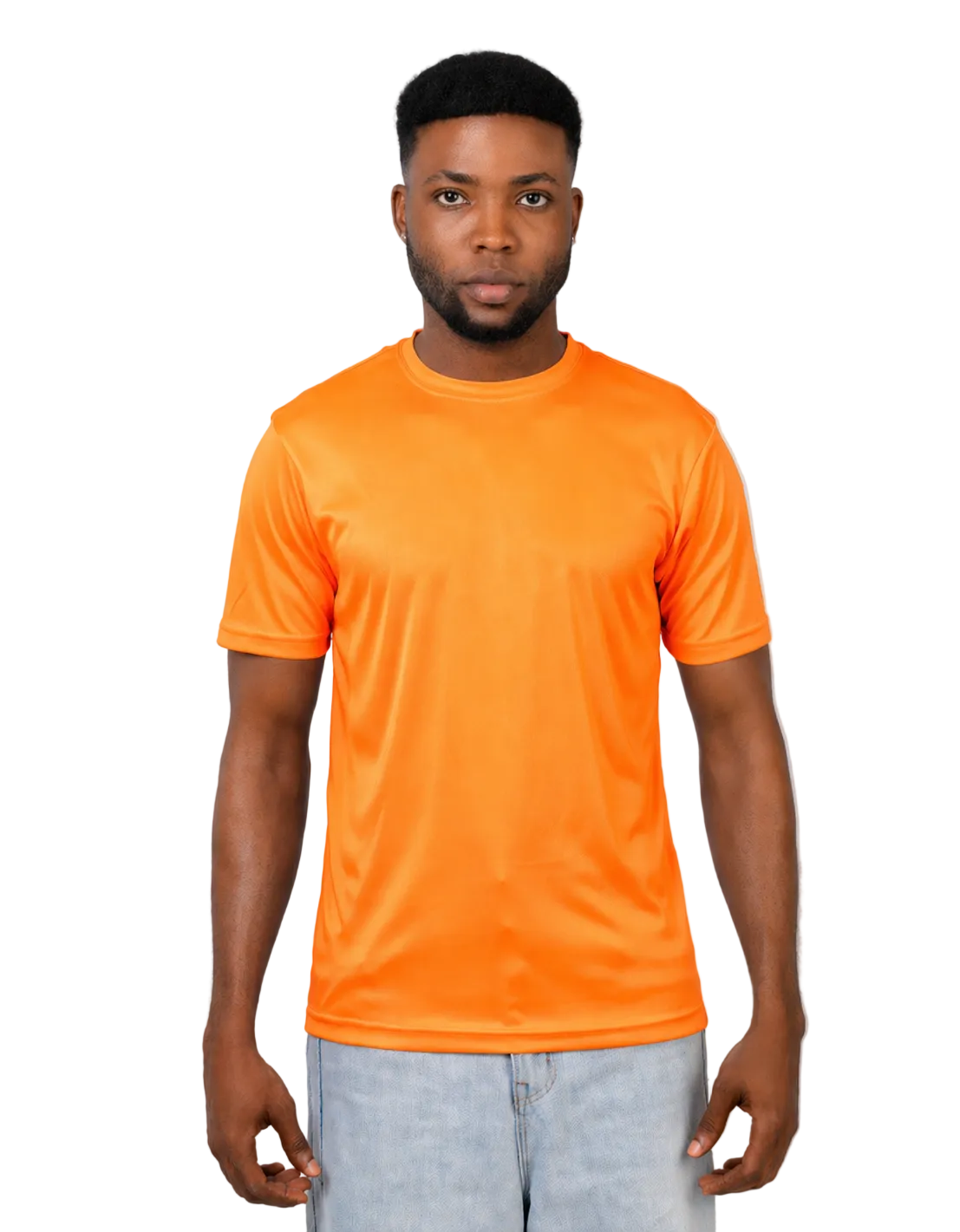 Man wearing an orange t-shirt against a plain background