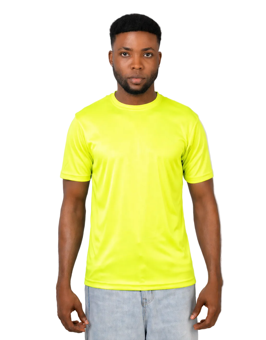Man wearing a bright yellow t-shirt against a plain background