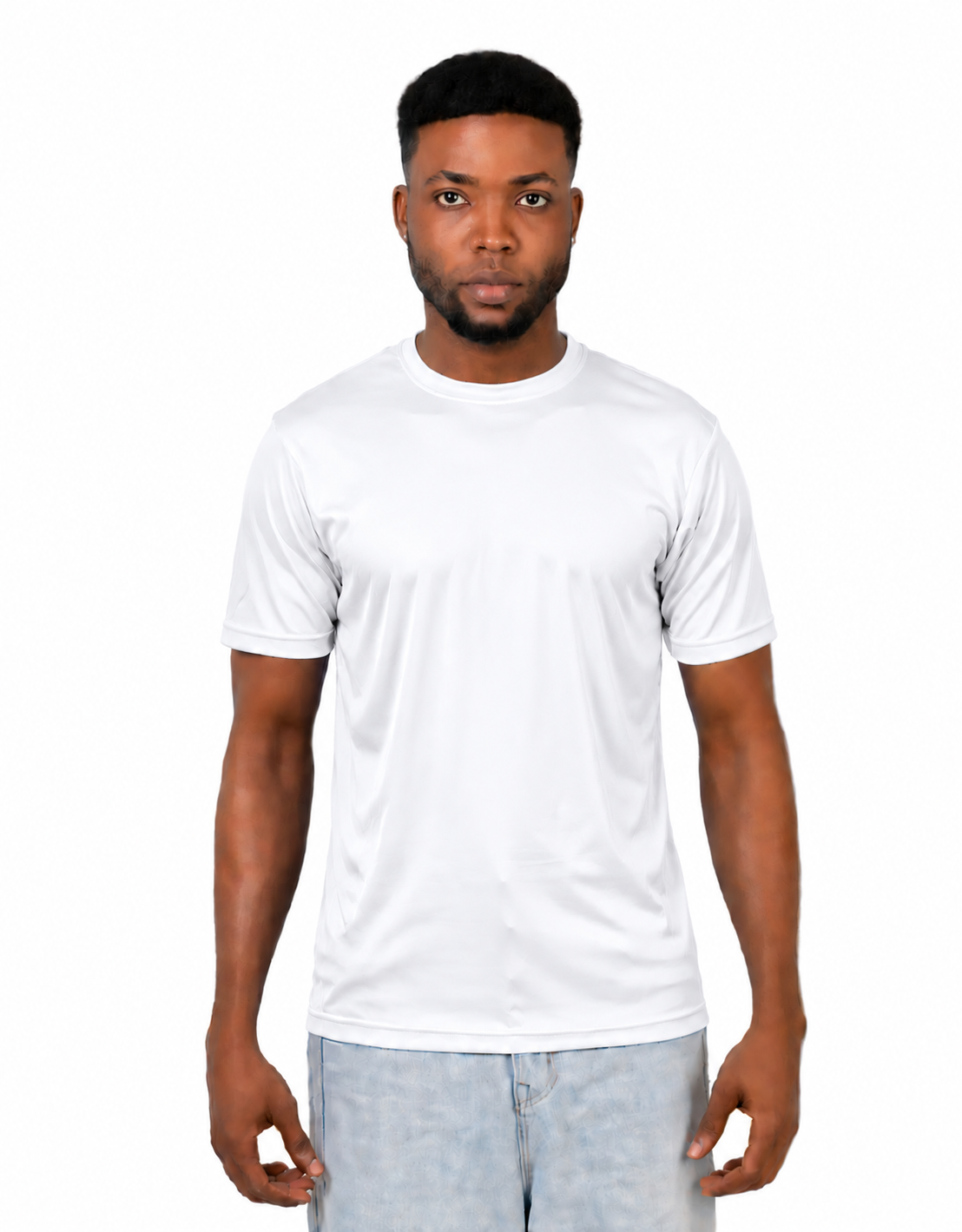 A man wearing a plain white short-sleeve crewneck t-shirt and light blue jeans, standing against a solid white background.