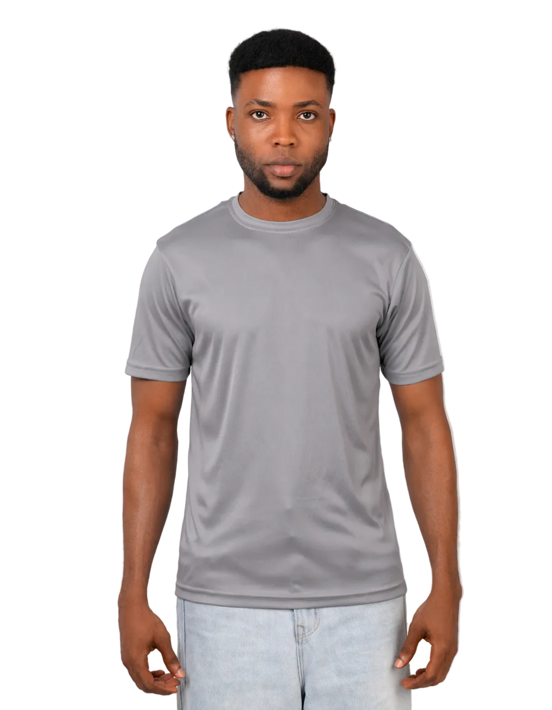 Man wearing a gray t-shirt against a plain background