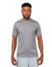 Man wearing a gray t-shirt against a plain background