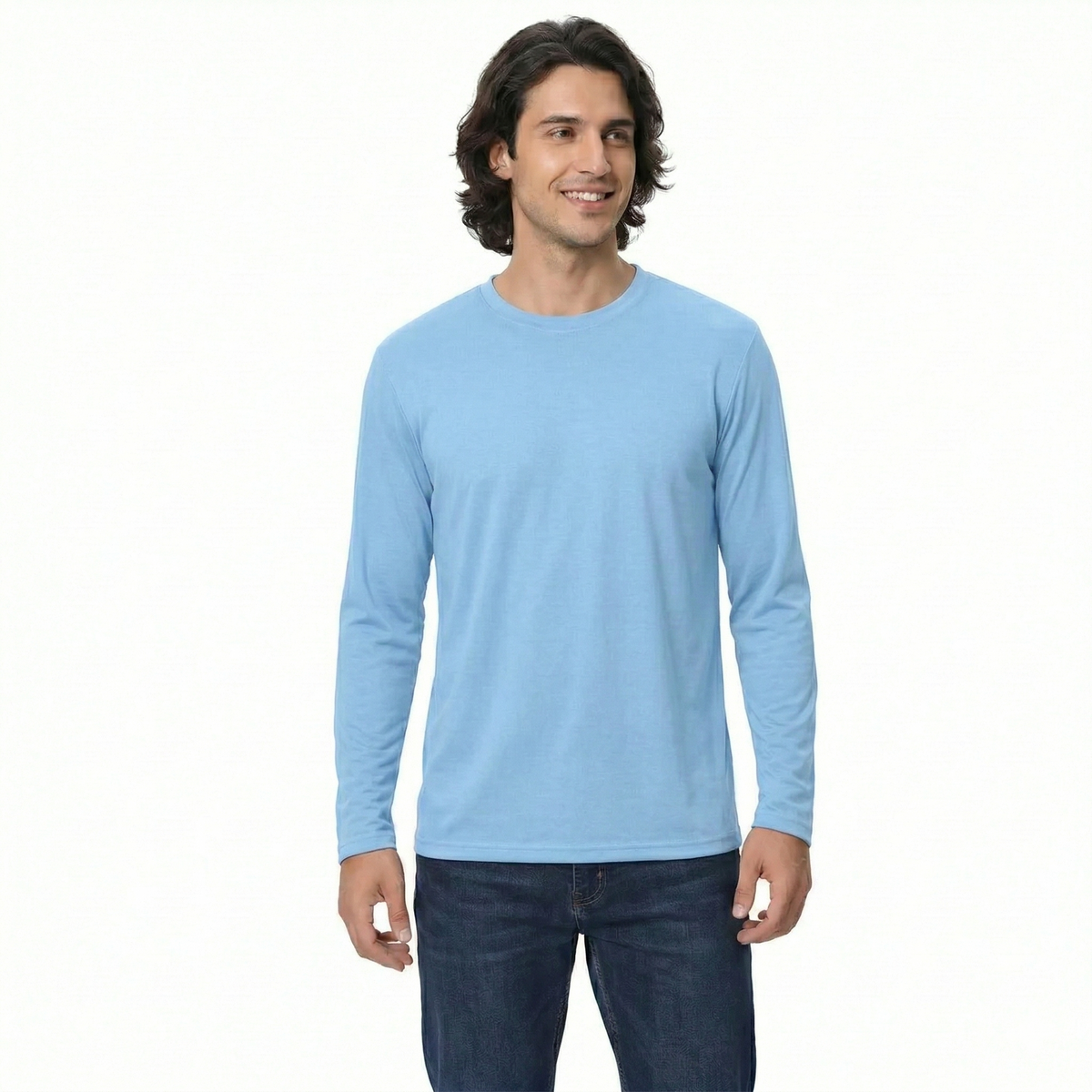 Man wearing a light blue long-sleeve shirt on a white background