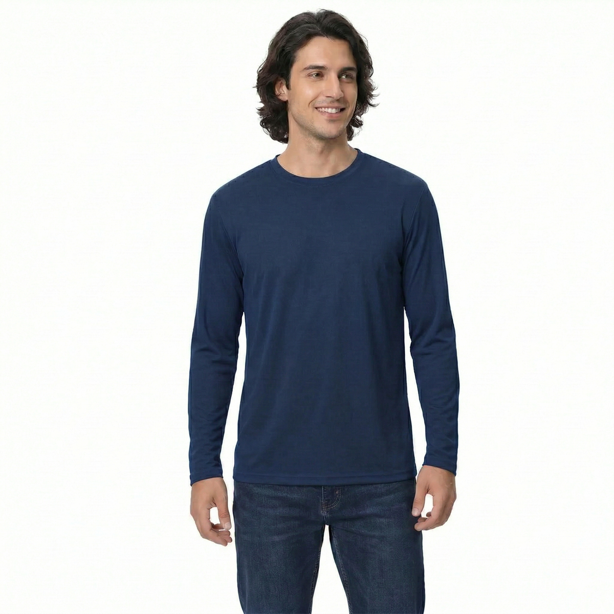 Man wearing a navy long-sleeve shirt on a white background