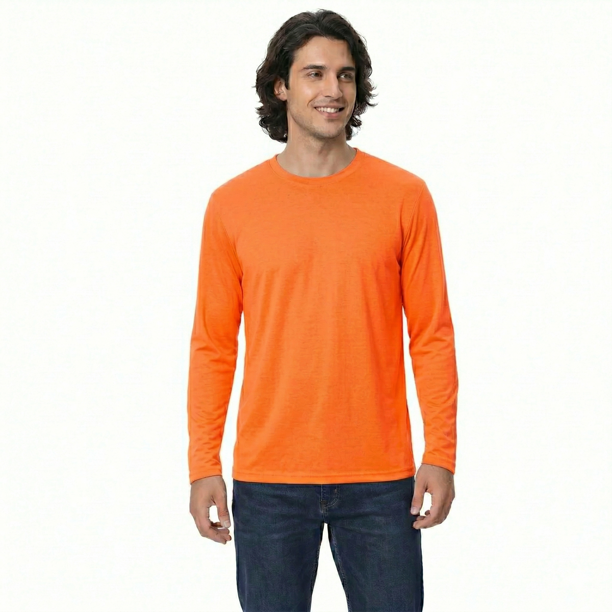Man wearing an orange long-sleeve shirt on a white background