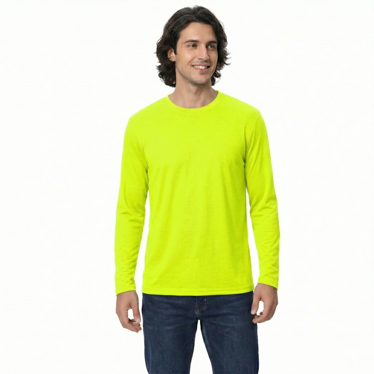 Man wearing a bright yellow long-sleeve shirt on a white background