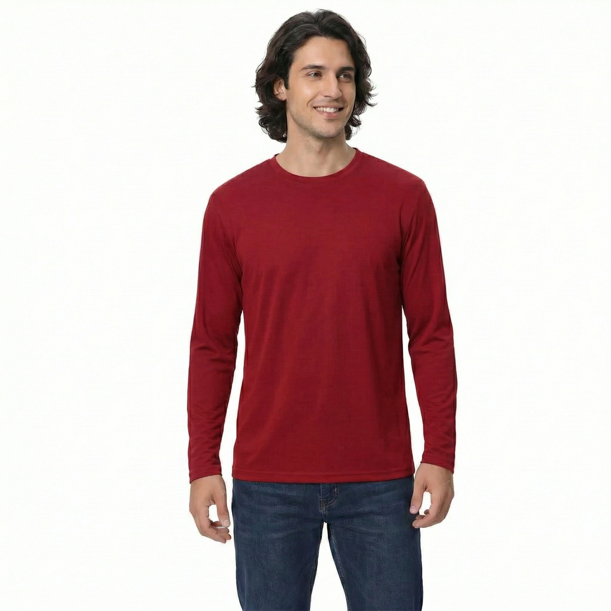 Man wearing a red long-sleeve shirt on a white background